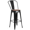 30" High Black Metal Barstool with Back and Wood Seat CH-31320-30GB-BK-WD-GG