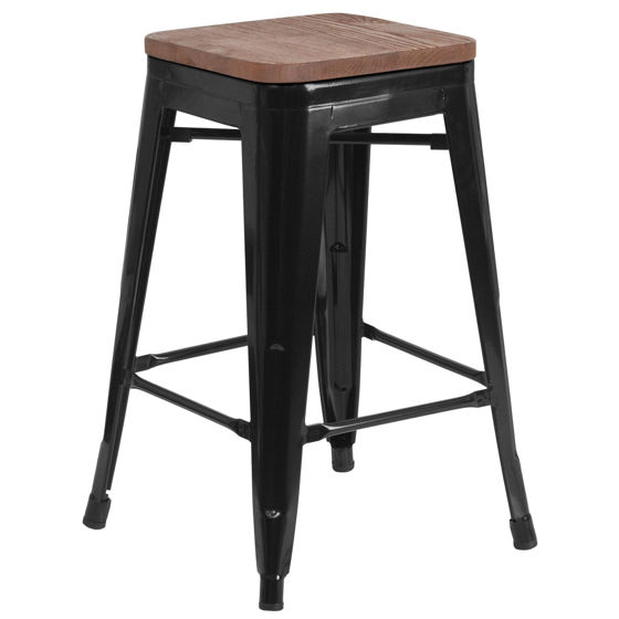 Picture of 24" High Backless Black Metal Counter Height Stool with Square Wood Seat