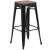 Picture of 30" High Backless Black Metal Barstool with Square Wood Seat