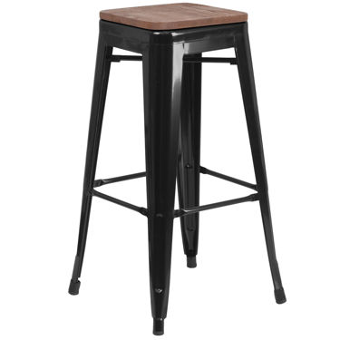 Picture of 30" High Backless Black Metal Barstool with Square Wood Seat
