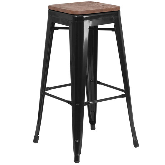 Picture of 30" High Backless Black Metal Barstool with Square Wood Seat