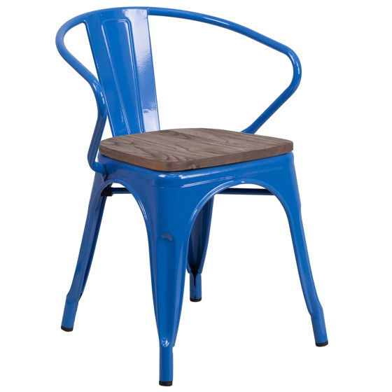 Blue Metal Chair with Wood Seat and Arms CH-31270-BL-WD-GG