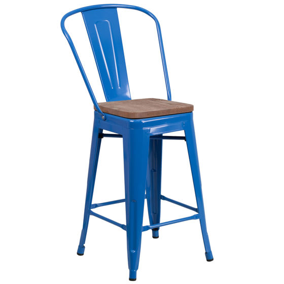 24" High Blue Metal Counter Height Stool with Back and Wood Seat CH-31320-24GB-BL-WD-GG