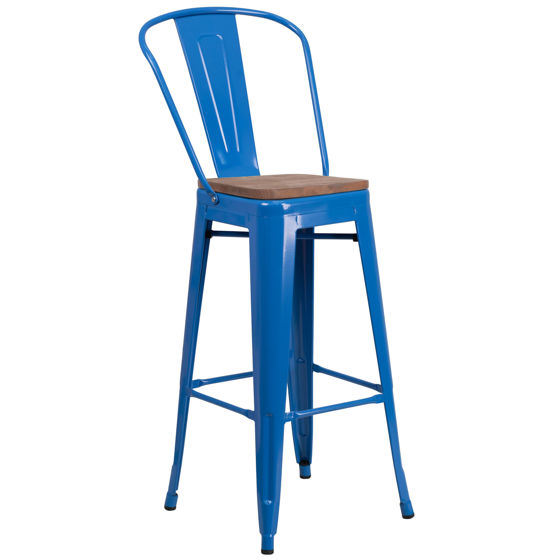 30" High Blue Metal Barstool with Back and Wood Seat CH-31320-30GB-BL-WD-GG