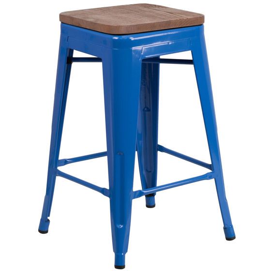 24" High Backless Blue Metal Counter Height Stool with Square Wood Seat CH-31320-24-BL-WD-GG