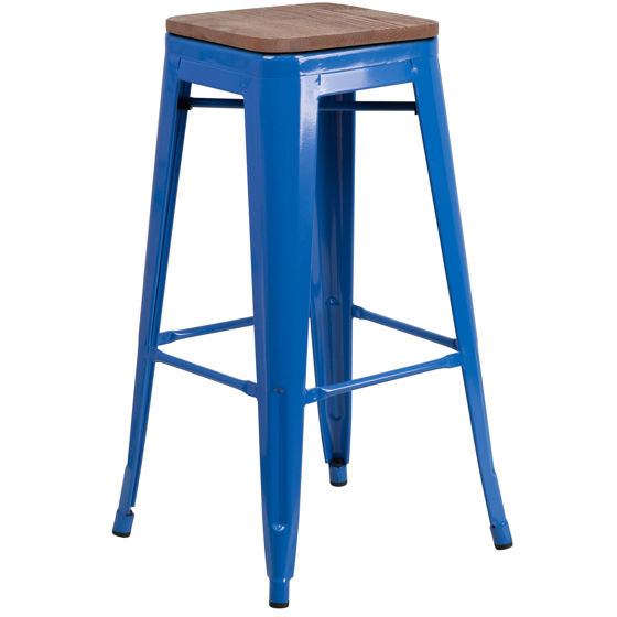 30" High Backless Blue Metal Barstool with Square Wood Seat CH-31320-30-BL-WD-GG