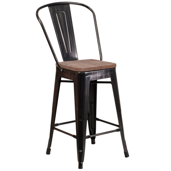 24" High Black-Antique Gold Metal Counter Height Stool with Back and Wood Seat CH-31320-24GB-BQ-WD-GG