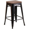 24" High Backless Black-Antique Gold Metal Counter Height Stool with Square Wood Seat CH-31320-24-BQ-WD-GG