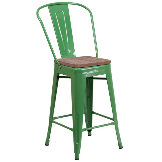 24" High Green Metal Counter Height Stool with Back and Wood Seat CH-31320-24GB-GN-WD-GG