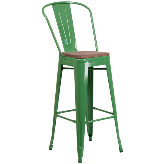 30" High Green Metal Barstool with Back and Wood Seat CH-31320-30GB-GN-WD-GG