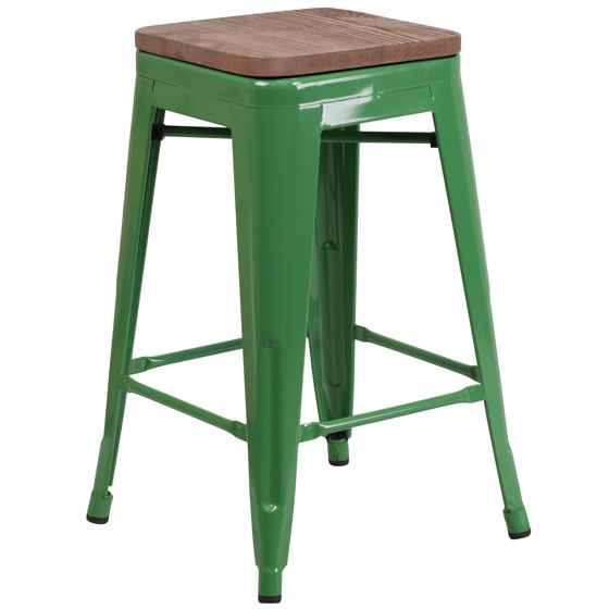 24" High Backless Green Metal Counter Height Stool with Square Wood Seat CH-31320-24-GN-WD-GG