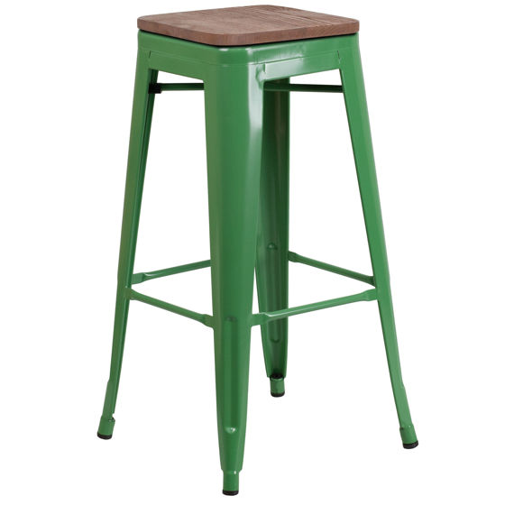 30" High Backless Green Metal Barstool with Square Wood Seat CH-31320-30-GN-WD-GG