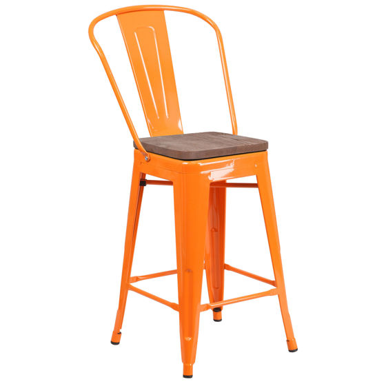 24" High Orange Metal Counter Height Stool with Back and Wood Seat CH-31320-24GB-OR-WD-GG