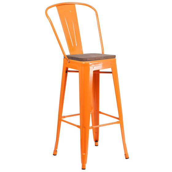 30" High Orange Metal Barstool with Back and Wood Seat CH-31320-30GB-OR-WD-GG
