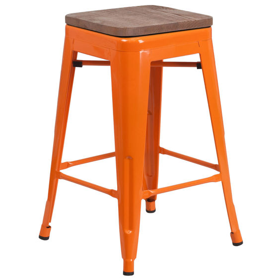 24" High Backless Orange Metal Counter Height Stool with Square Wood Seat CH-31320-24-OR-WD-GG