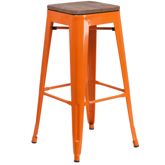 30" High Backless Orange Metal Barstool with Square Wood Seat CH-31320-30-OR-WD-GG