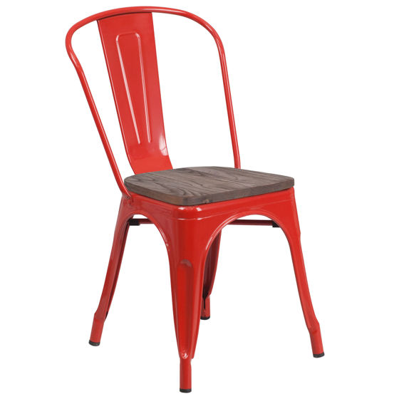 Red Metal Stackable Chair with Wood Seat CH-31230-RED-WD-GG