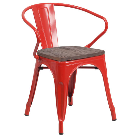 Red Metal Chair with Wood Seat and Arms CH-31270-RED-WD-GG