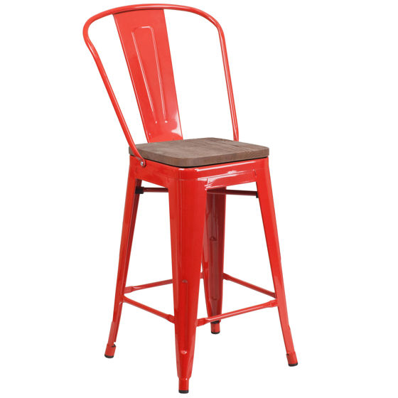 24" High Red Metal Counter Height Stool with Back and Wood Seat CH-31320-24GB-RED-WD-GG