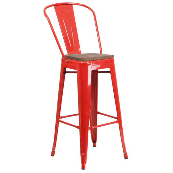 30" High Red Metal Barstool with Back and Wood Seat CH-31320-30GB-RED-WD-GG