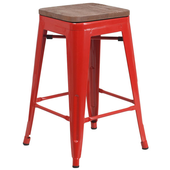 24" High Backless Red Metal Counter Height Stool with Square Wood Seat CH-31320-24-RED-WD-GG