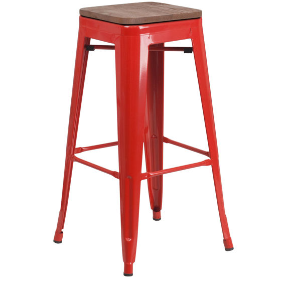 30" High Backless Red Metal Barstool with Square Wood Seat CH-31320-30-RED-WD-GG