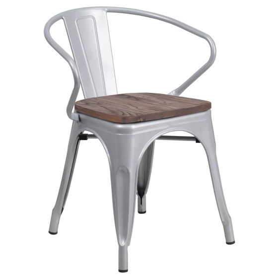 Silver Metal Chair with Wood Seat and Arms CH-31270-SIL-WD-GG