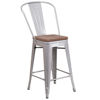 24" High Silver Metal Counter Height Stool with Back and Wood Seat CH-31320-24GB-SIL-WD-GG