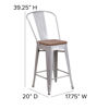 24" High Silver Metal Counter Height Stool with Back and Wood Seat CH-31320-24GB-SIL-WD-GG