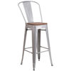 30" High Silver Metal Barstool with Back and Wood Seat CH-31320-30GB-SIL-WD-GG