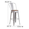 30" High Silver Metal Barstool with Back and Wood Seat CH-31320-30GB-SIL-WD-GG