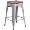 24" High Backless Silver Metal Counter Height Stool with Square Wood Seat CH-31320-24-SIL-WD-GG