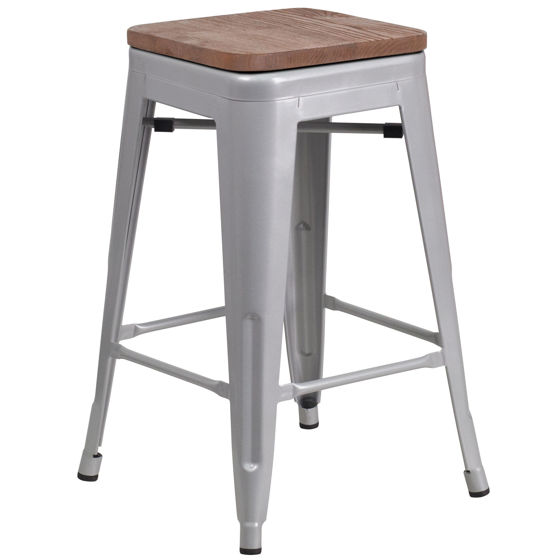 24" High Backless Silver Metal Counter Height Stool with Square Wood Seat CH-31320-24-SIL-WD-GG