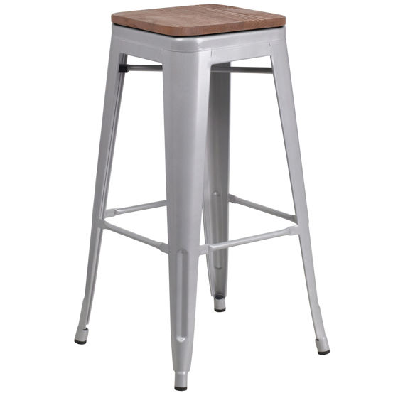 30" High Backless Silver Metal Barstool with Square Wood Seat CH-31320-30-SIL-WD-GG