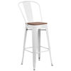 30" High White Metal Barstool with Back and Wood Seat CH-31320-30GB-WH-WD-GG