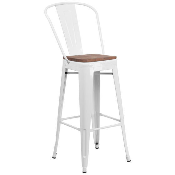 30" High White Metal Barstool with Back and Wood Seat CH-31320-30GB-WH-WD-GG