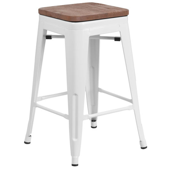 24" High Backless White Metal Counter Height Stool with Square Wood Seat CH-31320-24-WH-WD-GG