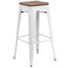 30" High Backless White Metal Barstool with Square Wood Seat CH-31320-30-WH-WD-GG