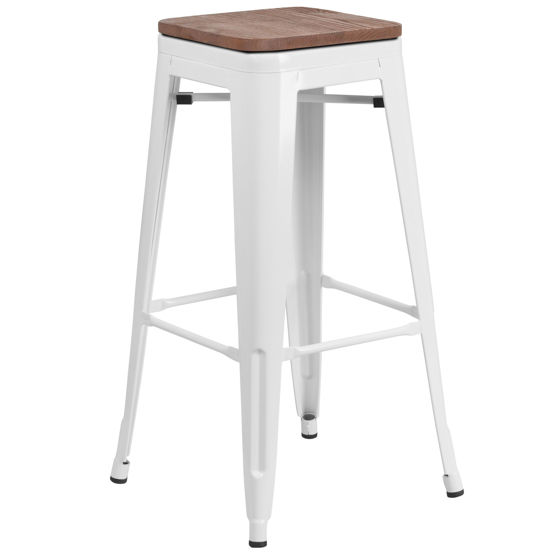 30" High Backless White Metal Barstool with Square Wood Seat CH-31320-30-WH-WD-GG