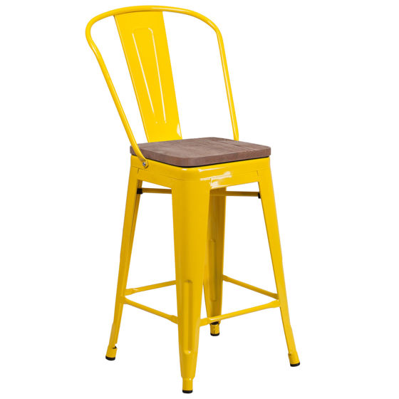 24" High Yellow Metal Counter Height Stool with Back and Wood Seat CH-31320-24GB-YL-WD-GG