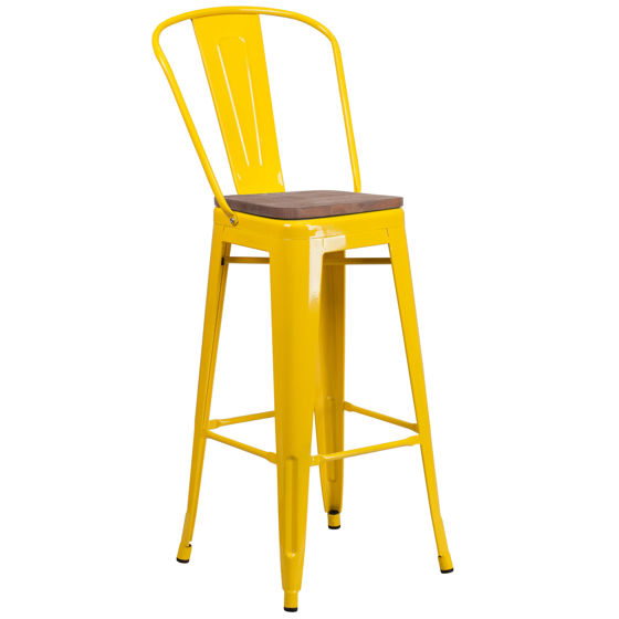 30" High Yellow Metal Barstool with Back and Wood Seat CH-31320-30GB-YL-WD-GG