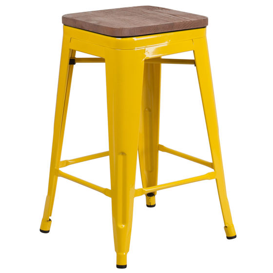 24" High Backless Yellow Metal Counter Height Stool with Square Wood Seat CH-31320-24-YL-WD-GG