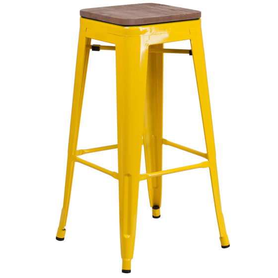 30" High Backless Yellow Metal Barstool with Square Wood Seat CH-31320-30-YL-WD-GG