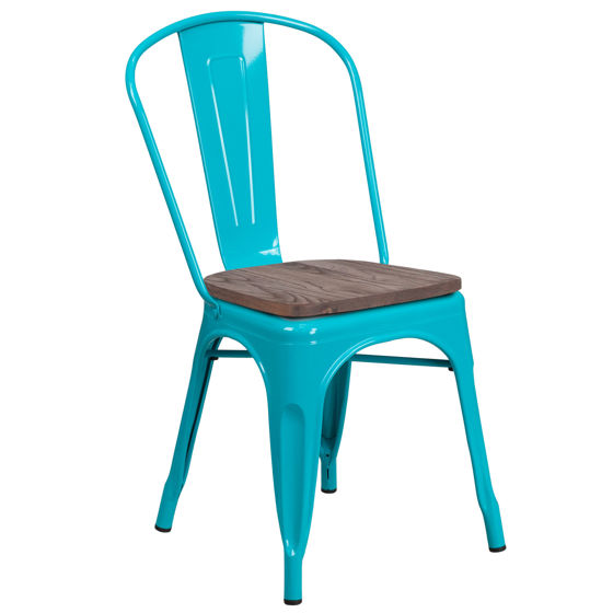 Crystal Teal-Blue Metal Stackable Chair with Wood Seat ET-3534-CB-WD-GG