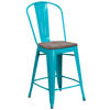 24" High Crystal Teal-Blue Metal Counter Height Stool with Back and Wood Seat ET-3534-24-CB-WD-GG