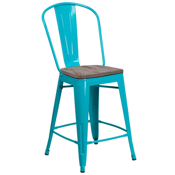 24" High Crystal Teal-Blue Metal Counter Height Stool with Back and Wood Seat ET-3534-24-CB-WD-GG