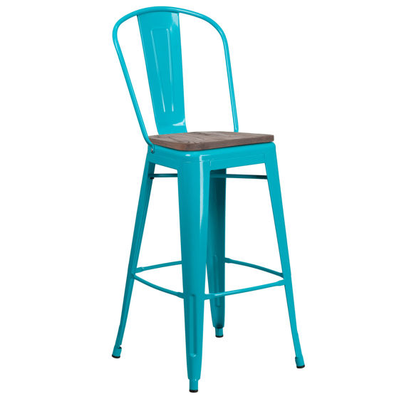 30" High Crystal Teal-Blue Metal Barstool with Back and Wood Seat ET-3534-30-CB-WD-GG