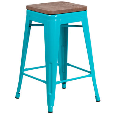 24" High Backless Crystal Teal-Blue Counter Height Stool with Square Wood Seat ET-BT3503-24-CB-WD-GG