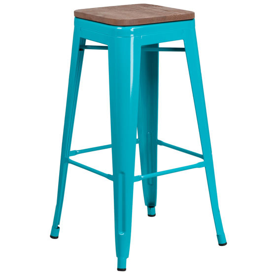 30" High Backless Crystal Teal-Blue Barstool with Square Wood Seat ET-BT3503-30-CB-WD-GG