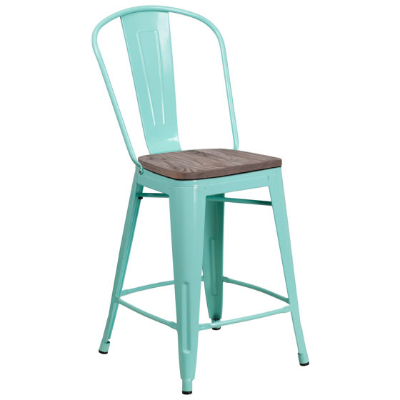 24" High Mint Green Metal Counter Height Stool with Back and Wood Seat ET-3534-24-MINT-WD-GG